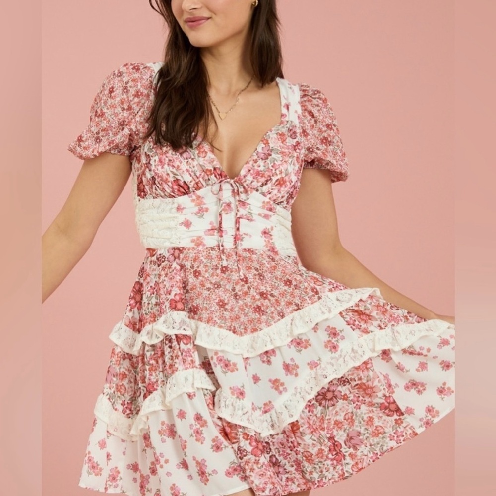 ARULA Pink and Cream Floral Mini Dress